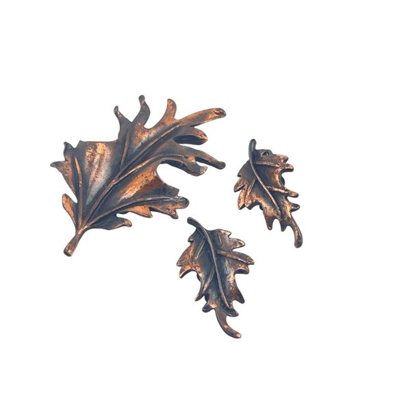 Vintage Copper Tone Leaf Brooch & Clip-On Earrings Set - Picture 2 of 6